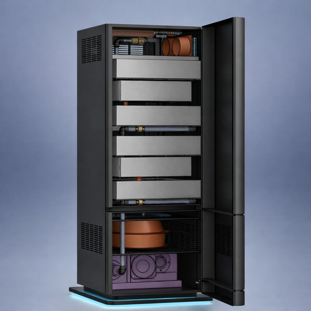 Airlinic FX100-I with the service door open, showing the vertical filter tray stack