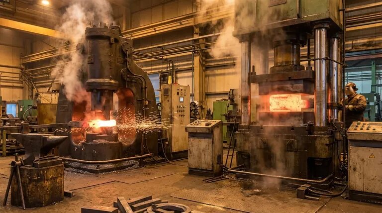 Forging presses with steam and a glowing steel billet