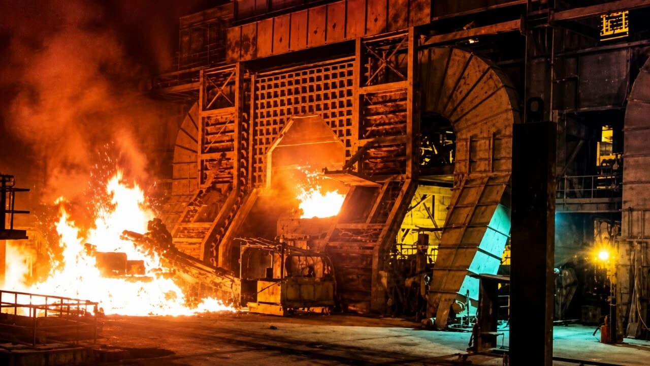 Open furnace flames on a foundry floor