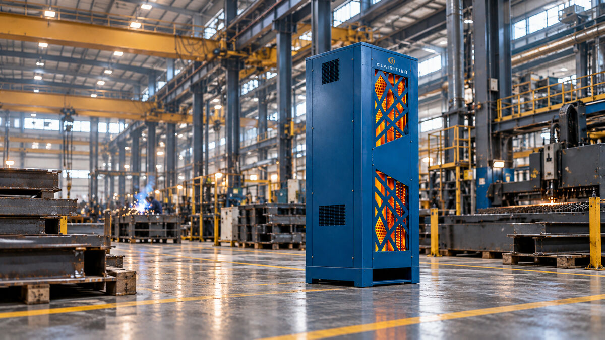 Clairifier FX100 standing on a steel fabrication floor with welding bays